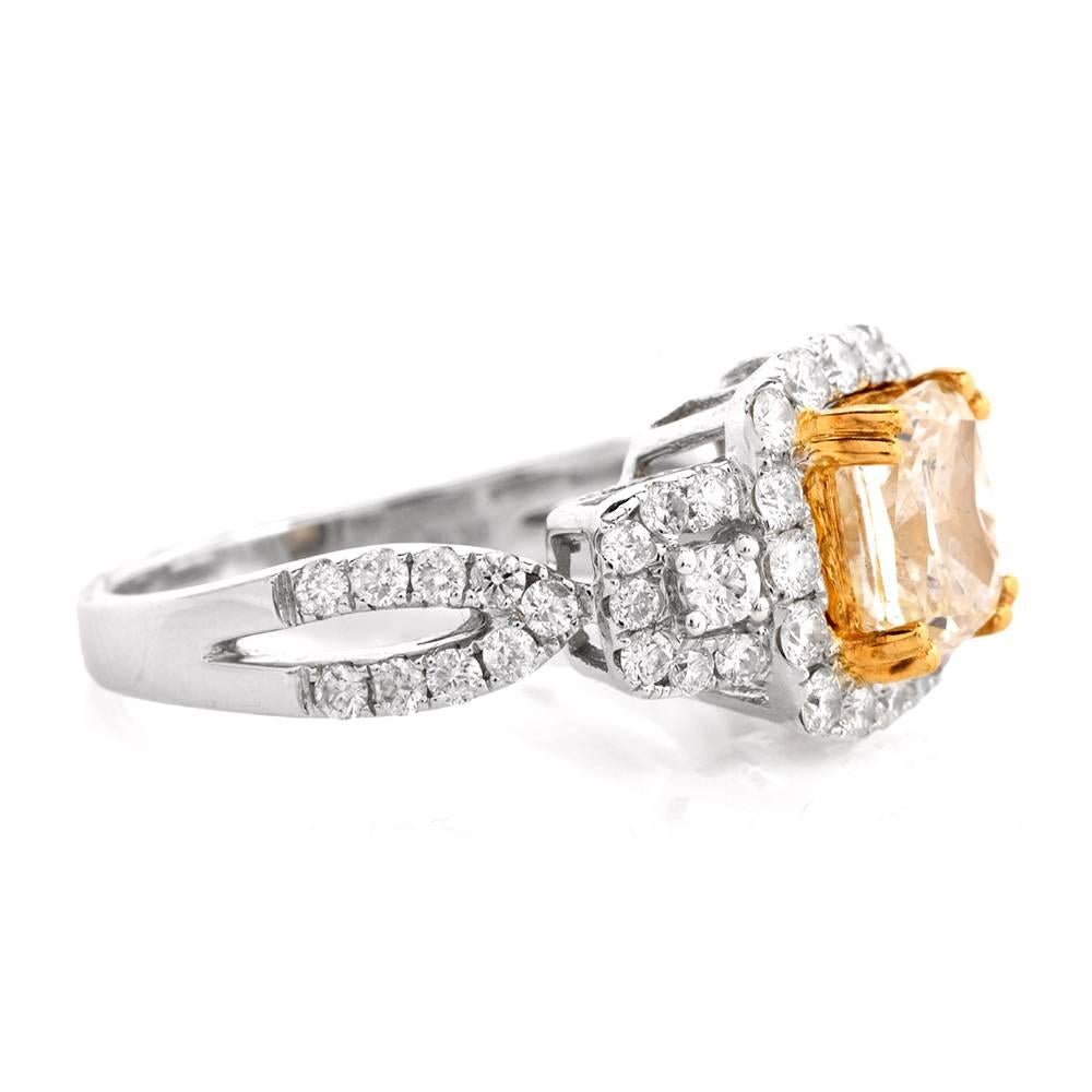 Round Cut Halo Natural Yellow Diamond  Engagement Ring