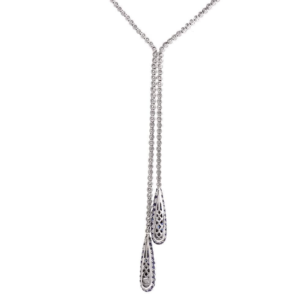 Women's Diamond Sapphire Double Drop Tassel Necklace 