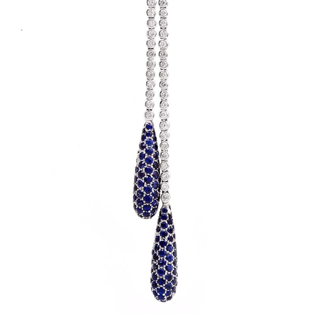 Diamond Sapphire Double Drop Tassel Necklace  In Excellent Condition In Miami, FL