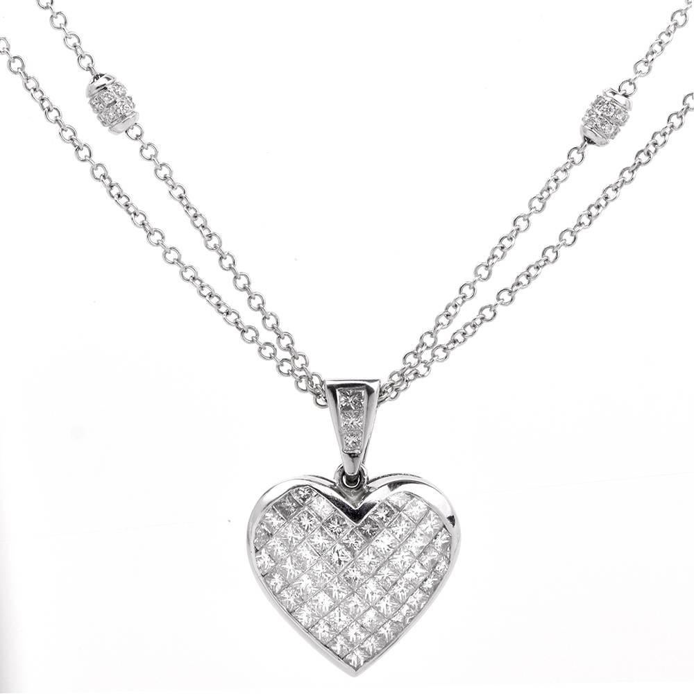 Women's  Princess Diamond Heart Platinum Gold Penant Necklace
