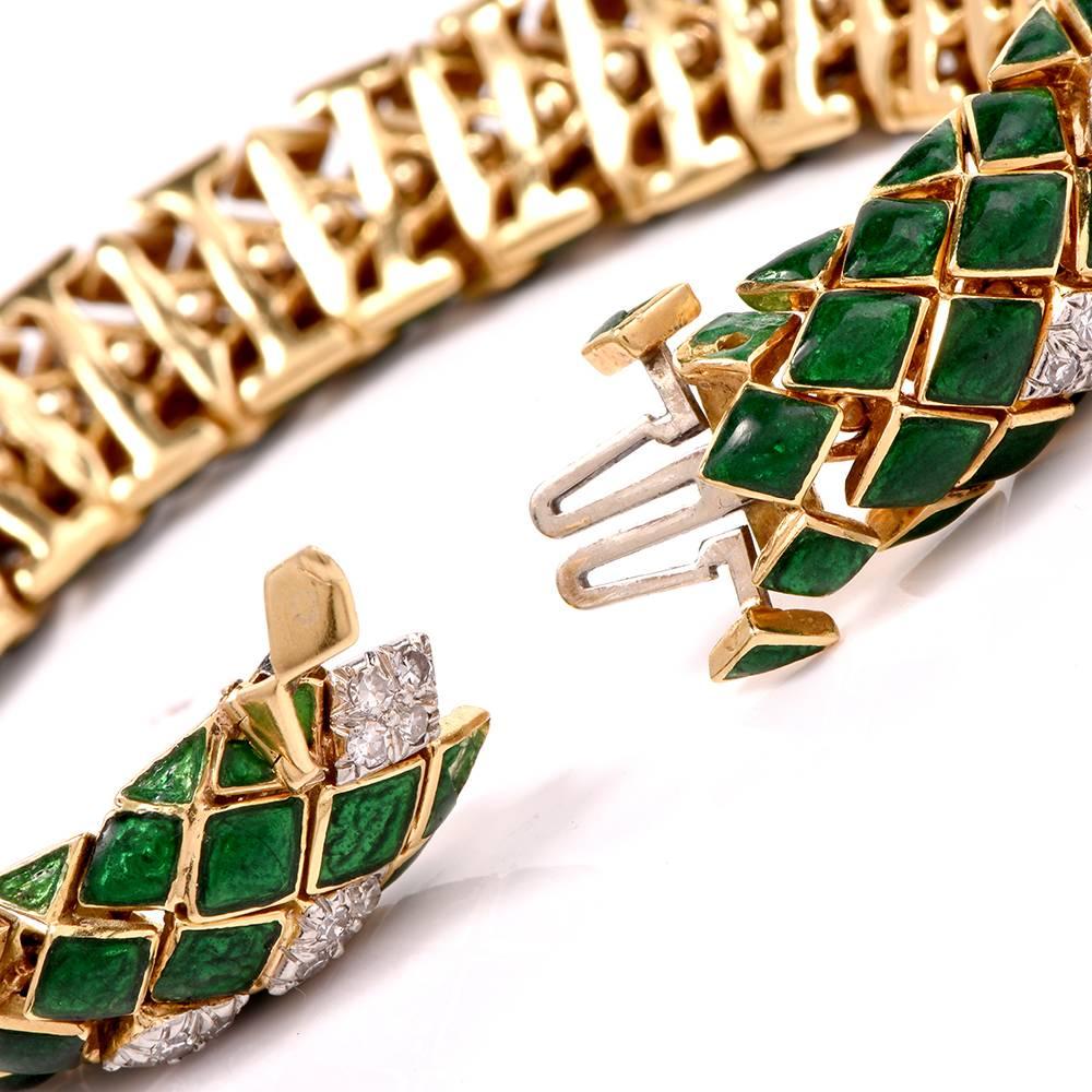This fabulous David Webb bracelet crafted in 18K yellow gold. This famous Designer bracelet was released in the 1970’s and features a snake link design features green enamel links and is encrusted with 92 genuine sparkling round cut diamonds approx:
