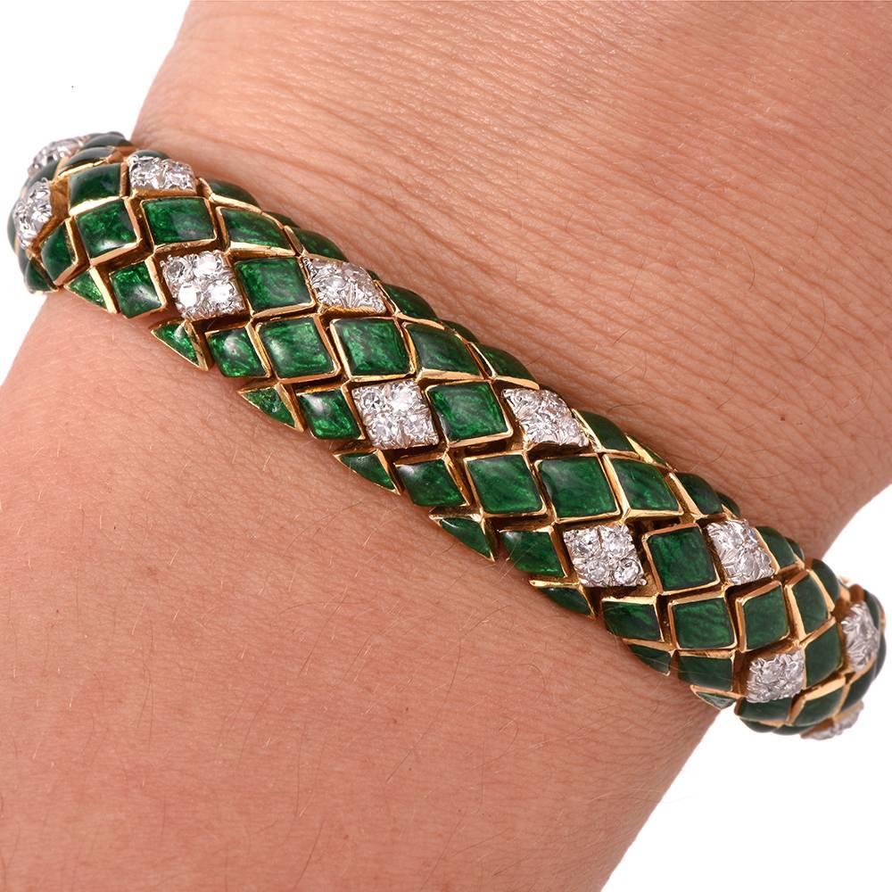 Women's 1960's David Webb  Green Enamel Diamond Gold Snake Bracelet