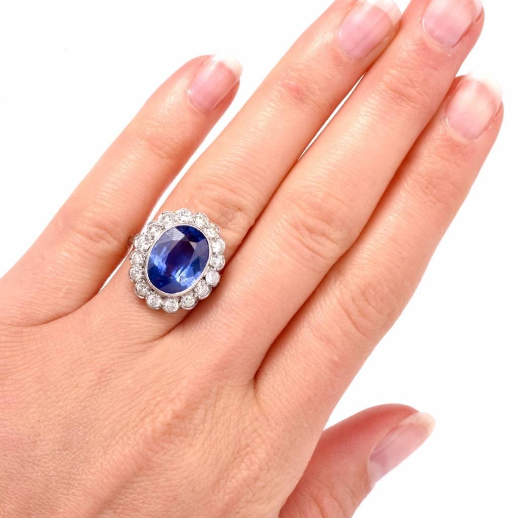 Art Deco 1950s GIA Certified 8.29 Carat Blue Sapphire Diamond Platinum Ring