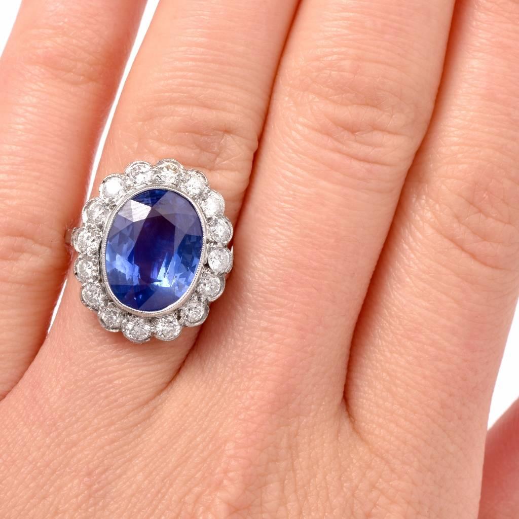 1950s GIA Certified 8.29 Carat Blue Sapphire Diamond Platinum Ring 2