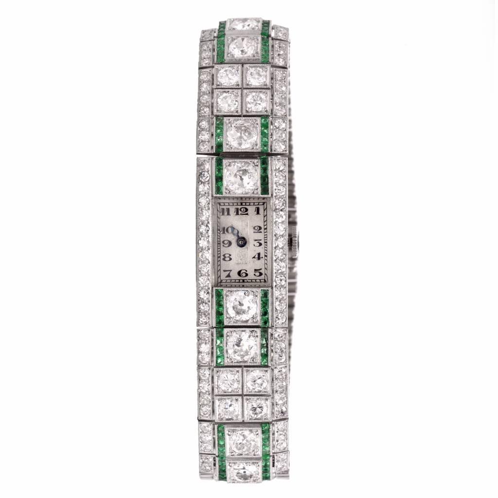 1920's Ladies Art Deco Platinum Diamond Emerald Wristwatch  In Excellent Condition In Miami, FL