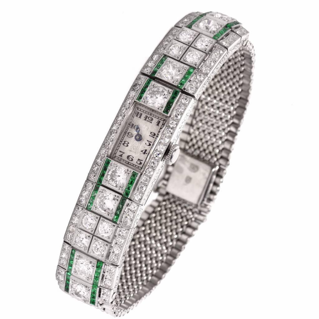 1920's Ladies Art Deco Platinum Diamond Emerald Wristwatch 