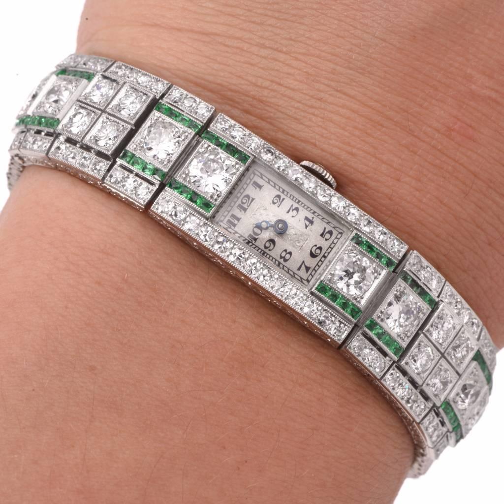 1920's Ladies Art Deco Platinum Diamond Emerald Wristwatch  2