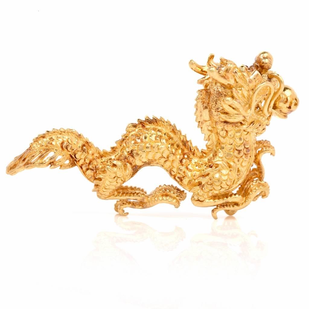 Women's or Men's 1970s Chinese Garnet Yellow Gold Dragon Figurine 