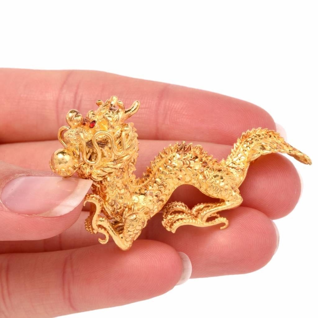 1970s Chinese Garnet Yellow Gold Dragon Figurine  3