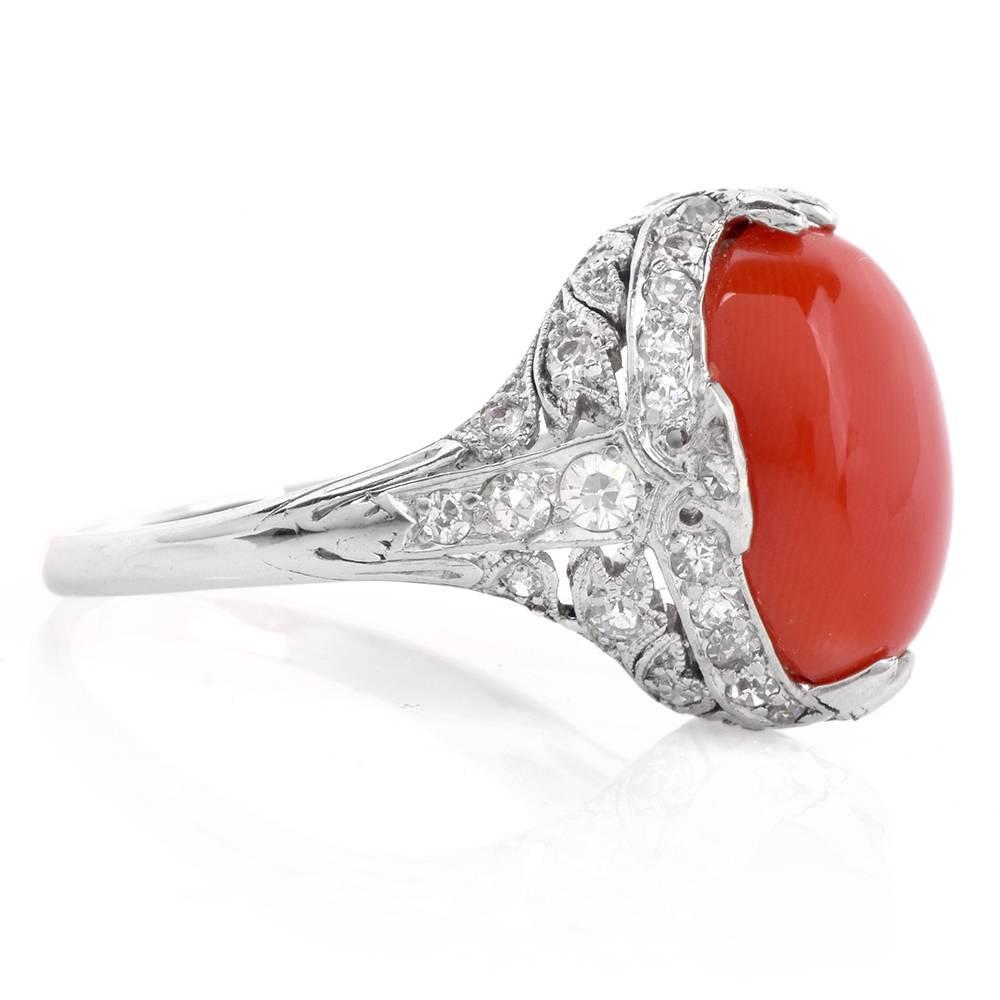 Women's 1930s Art Deco Red Coral Diamond Platinum Filigree Ring