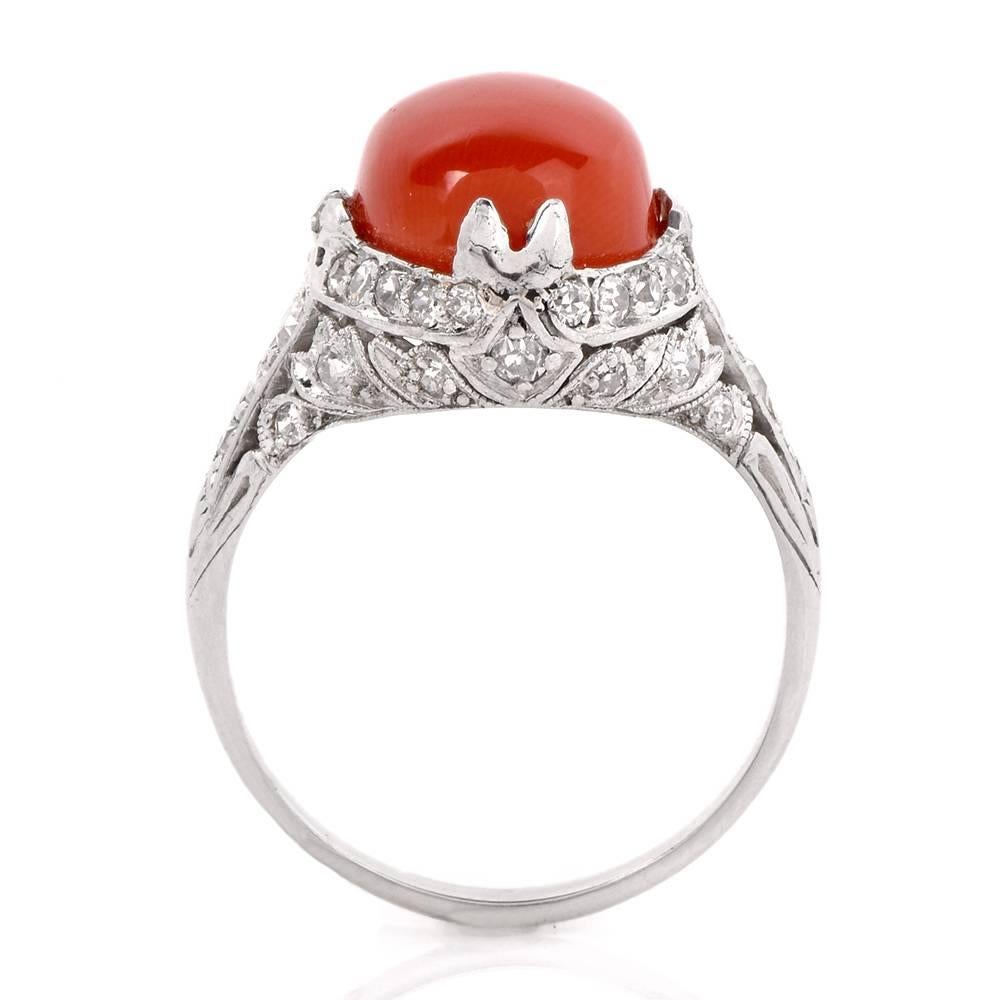 1930s Art Deco Red Coral Diamond Platinum Filigree Ring 1