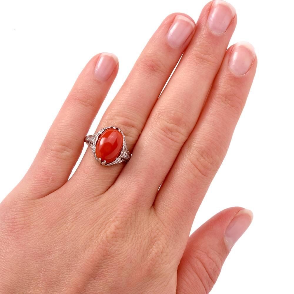 1930s Art Deco Red Coral Diamond Platinum Filigree Ring In Excellent Condition In Miami, FL