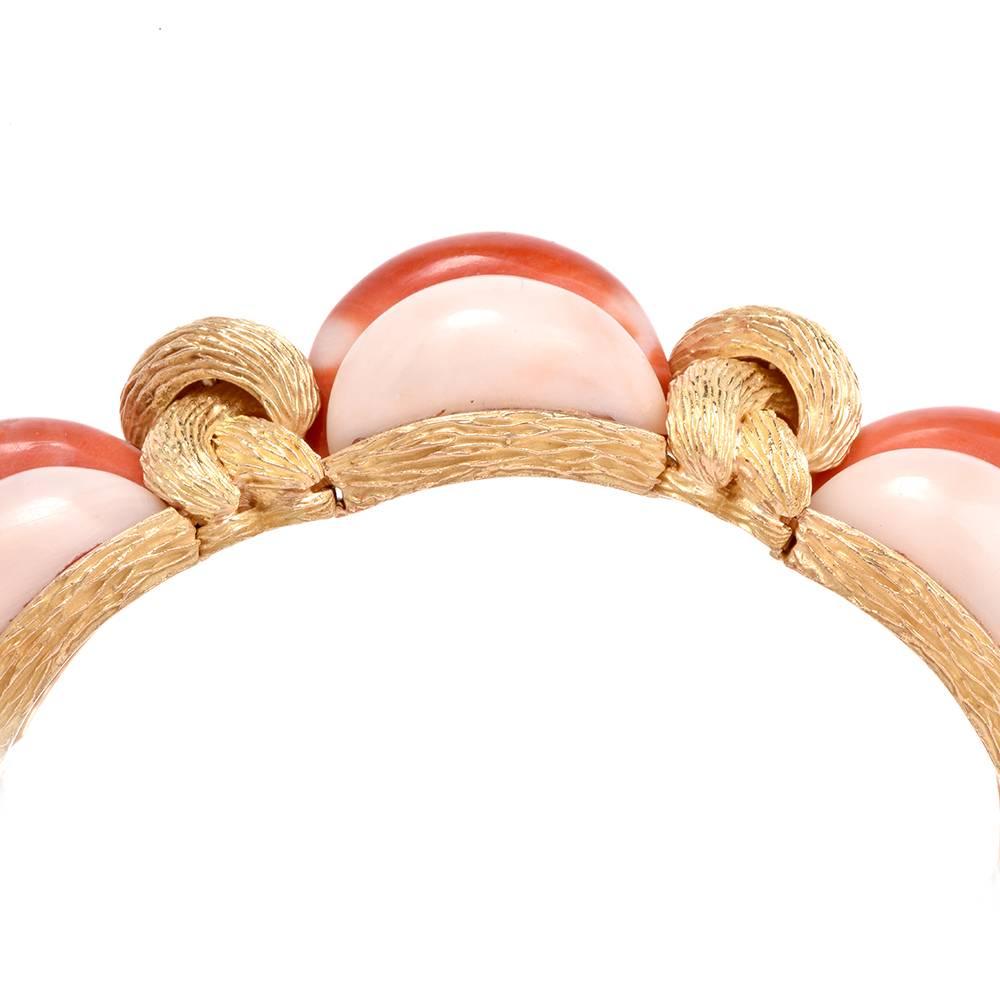 1970s Coral Yellow Gold Link French Bangle Bracelet 2