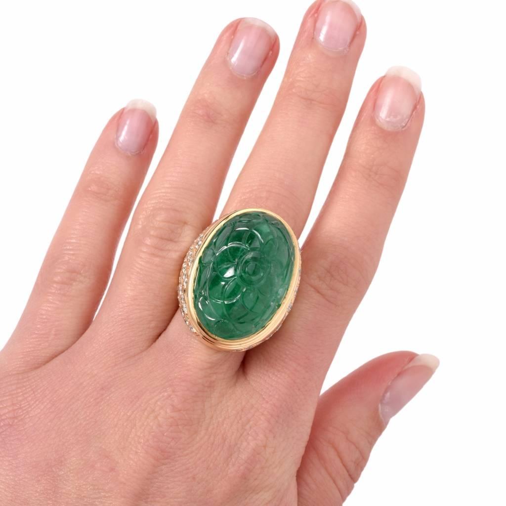 Retro 1970s Large Carved 78.46 Carat Emerald Diamond Cocktail Ring