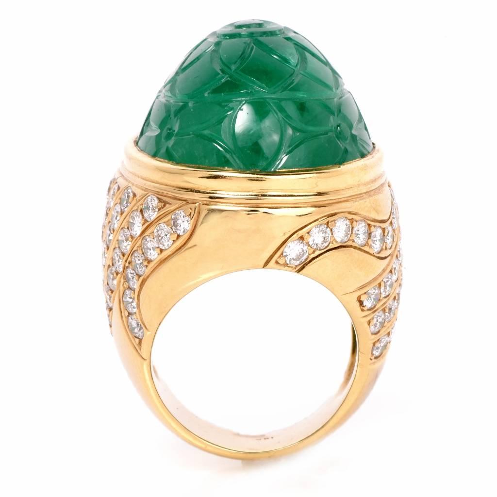 Emerald Cut 1970s Large Carved 78.46 Carat Emerald Diamond Cocktail Ring