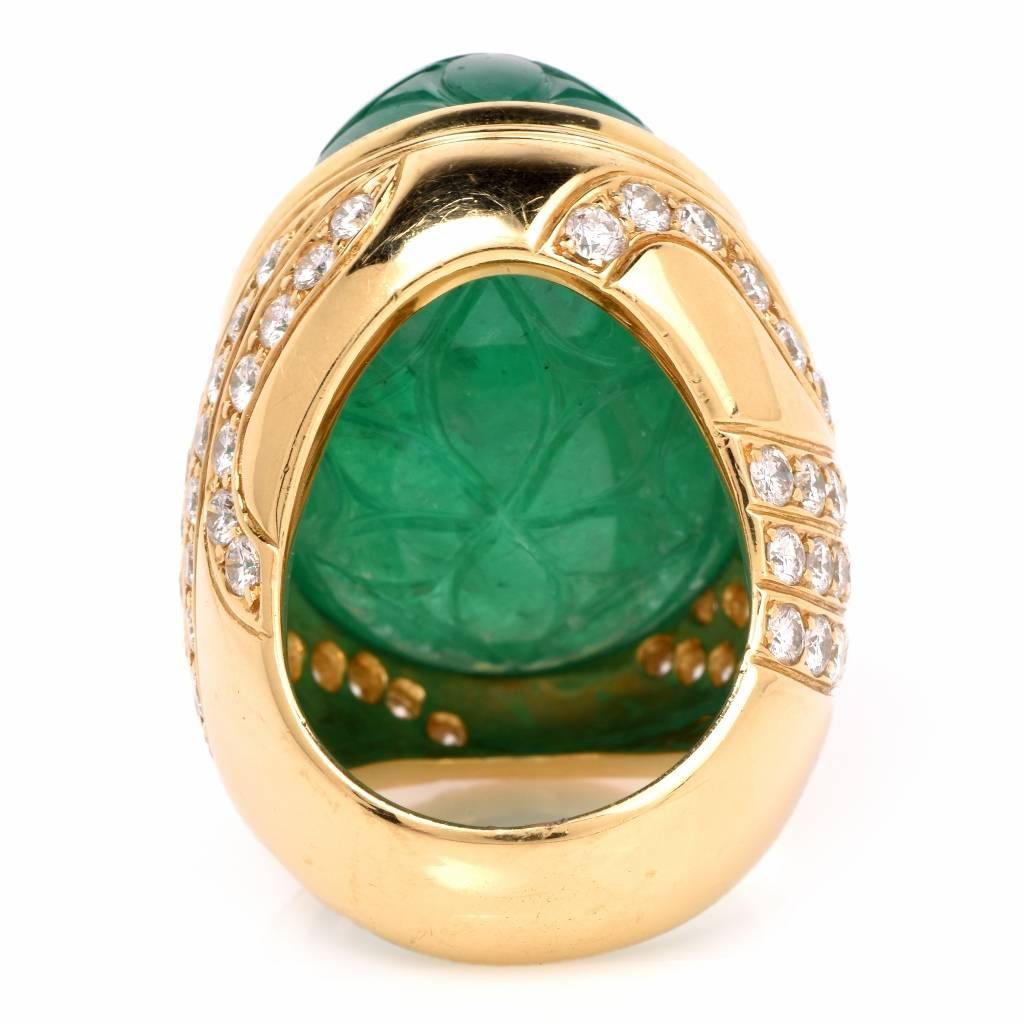 1970s Large Carved 78.46 Carat Emerald Diamond Cocktail Ring 2