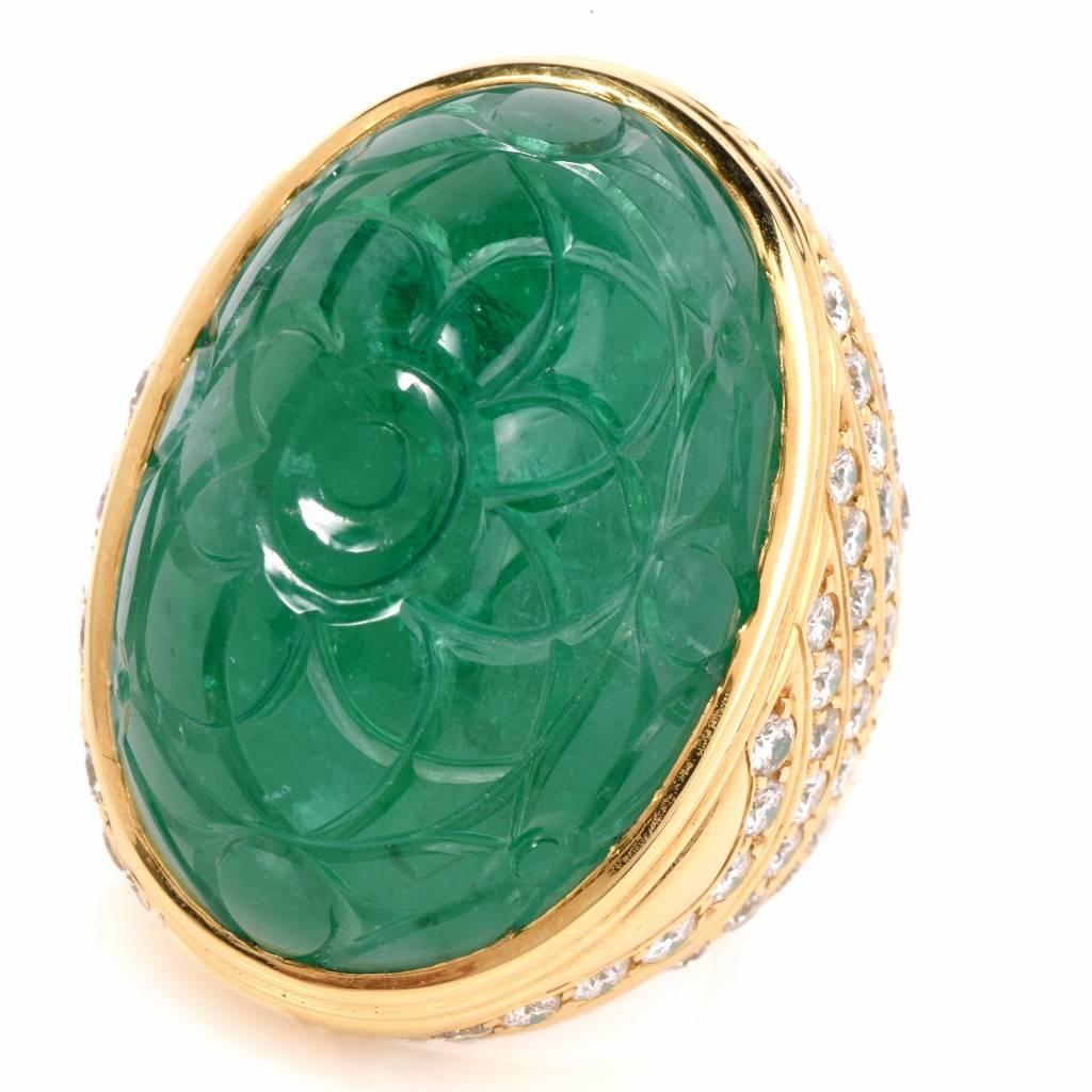 Women's or Men's 1970s Large Carved 78.46 Carat Emerald Diamond Cocktail Ring