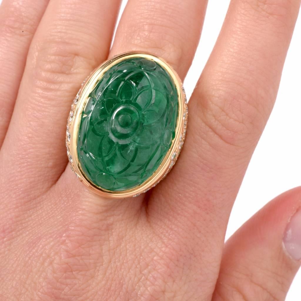 1970s Large Carved 78.46 Carat Emerald Diamond Cocktail Ring 1