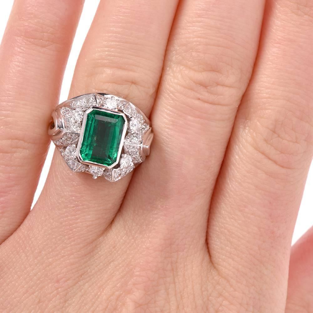 1960s GIA Certified   Emerald Diamond Cocktail Ring In Excellent Condition In Miami, FL