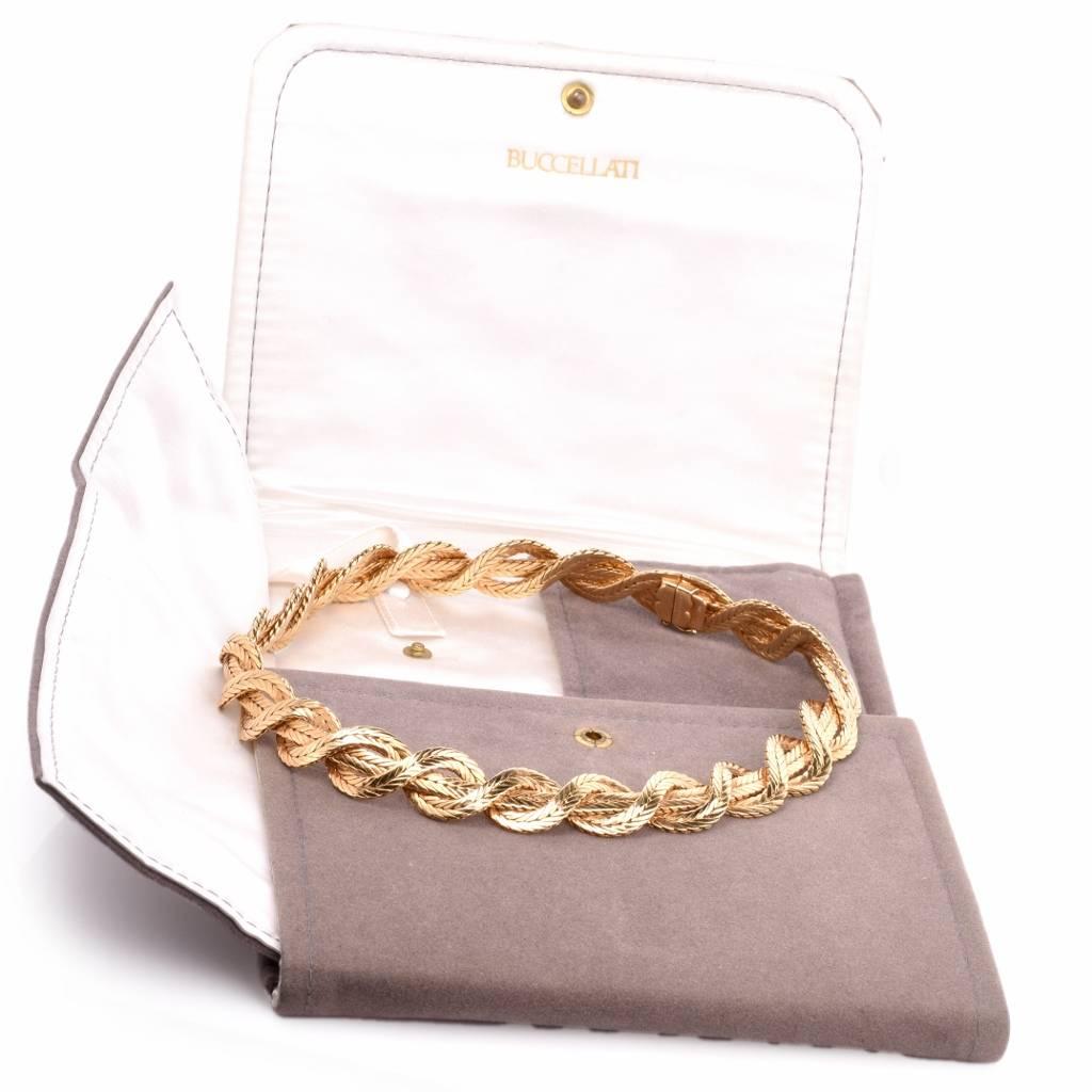 Mario Buccellati was the first to introduce the technique of texture engraving. His pieces are rich in textural quality. This authentic Mario Buccellati necklace is crafted in solid 18K yellow gold, classically and immaculately designed in braided