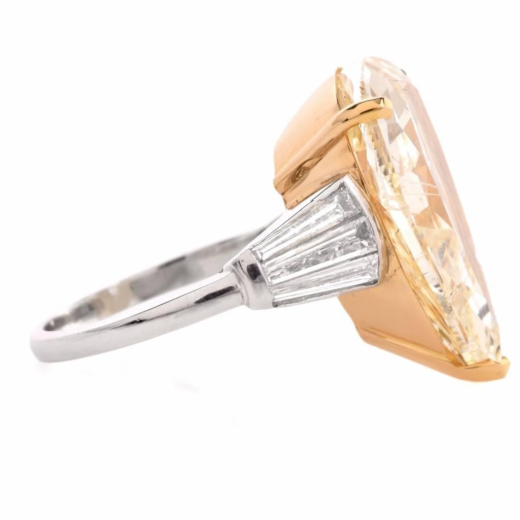 Pear Cut GIA 13.41 Carat Natural Fancy Pear Diamond with Baguette Platinum and Gold Ring