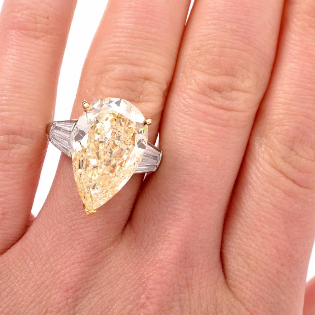 Modern GIA 13.41 Carat Natural Fancy Pear Diamond with Baguette Platinum and Gold Ring