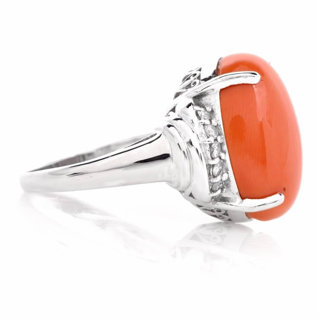 Coral Diamond Platinum Cocktail Ring 2