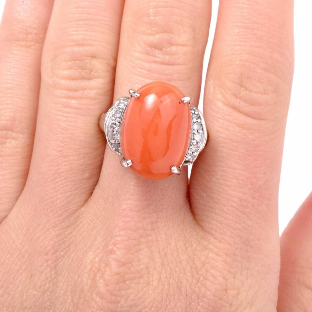 Art Deco Coral Diamond Platinum Cocktail Ring