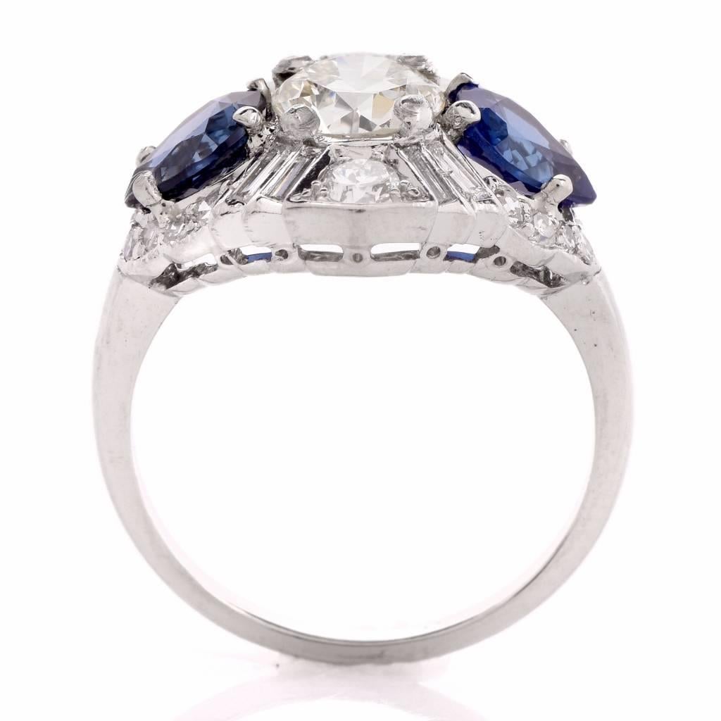 Blue Sapphire Diamond Platinum Ring In Excellent Condition In Miami, FL