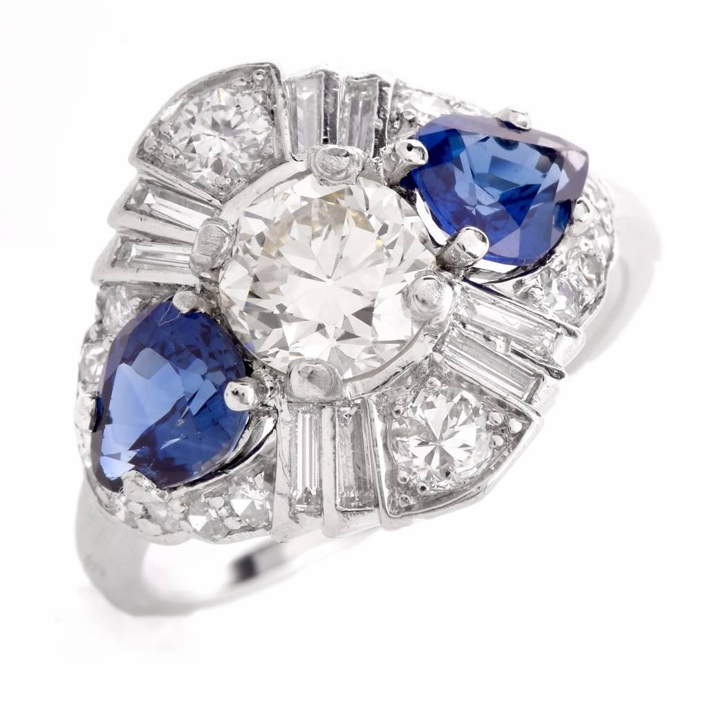 Baguette Cut Blue Sapphire Diamond Platinum Ring