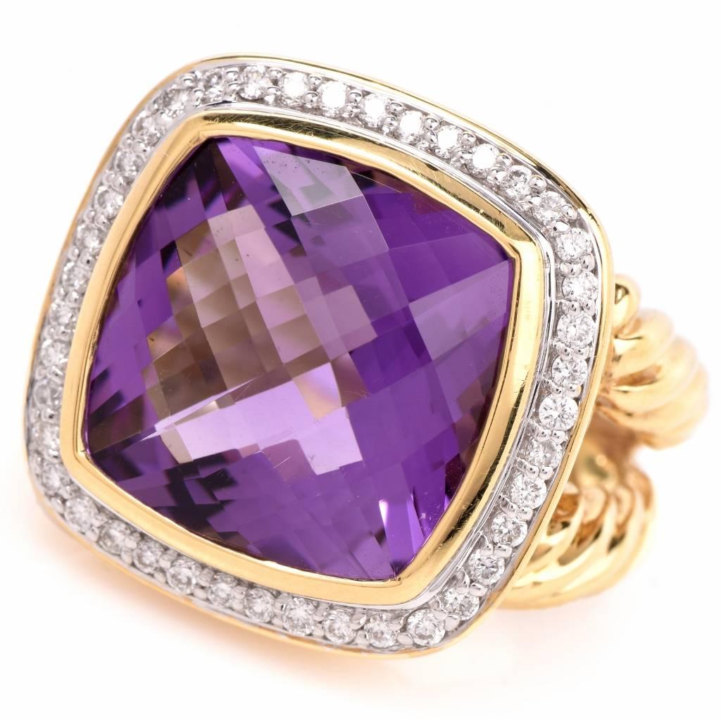 This David Yurman cocktail ring is from his finest Albion collection, crafted in solid 18K yellow gold. It exposes a prominent 13.75ct checkerboard-faceted amethyst at the center set in a yellow gold bezel and surround by 0.52cts of pave diamonds