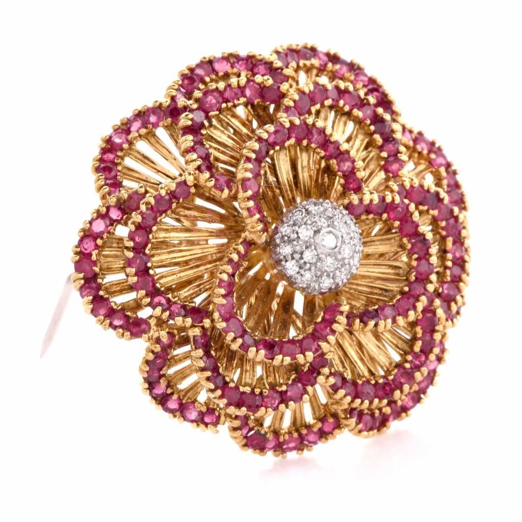 Women's 1960s Italian Ruby Diamond Gold Floral Brooch Pin