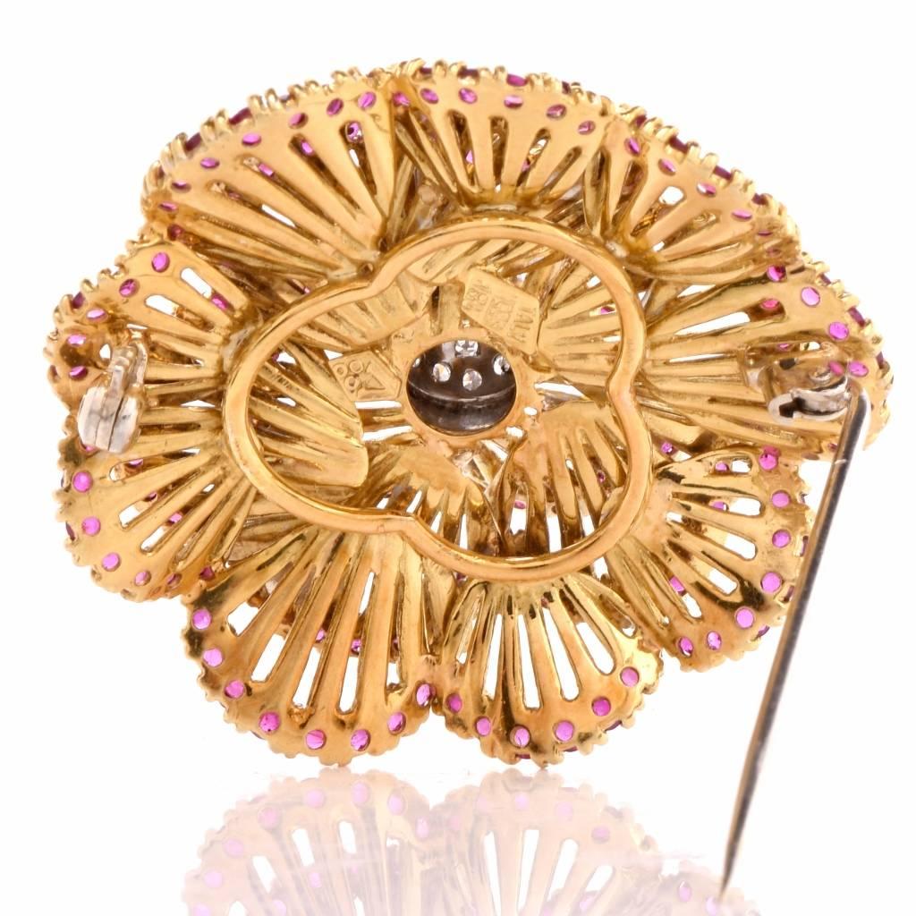 1960s Italian Ruby Diamond Gold Floral Brooch Pin 1