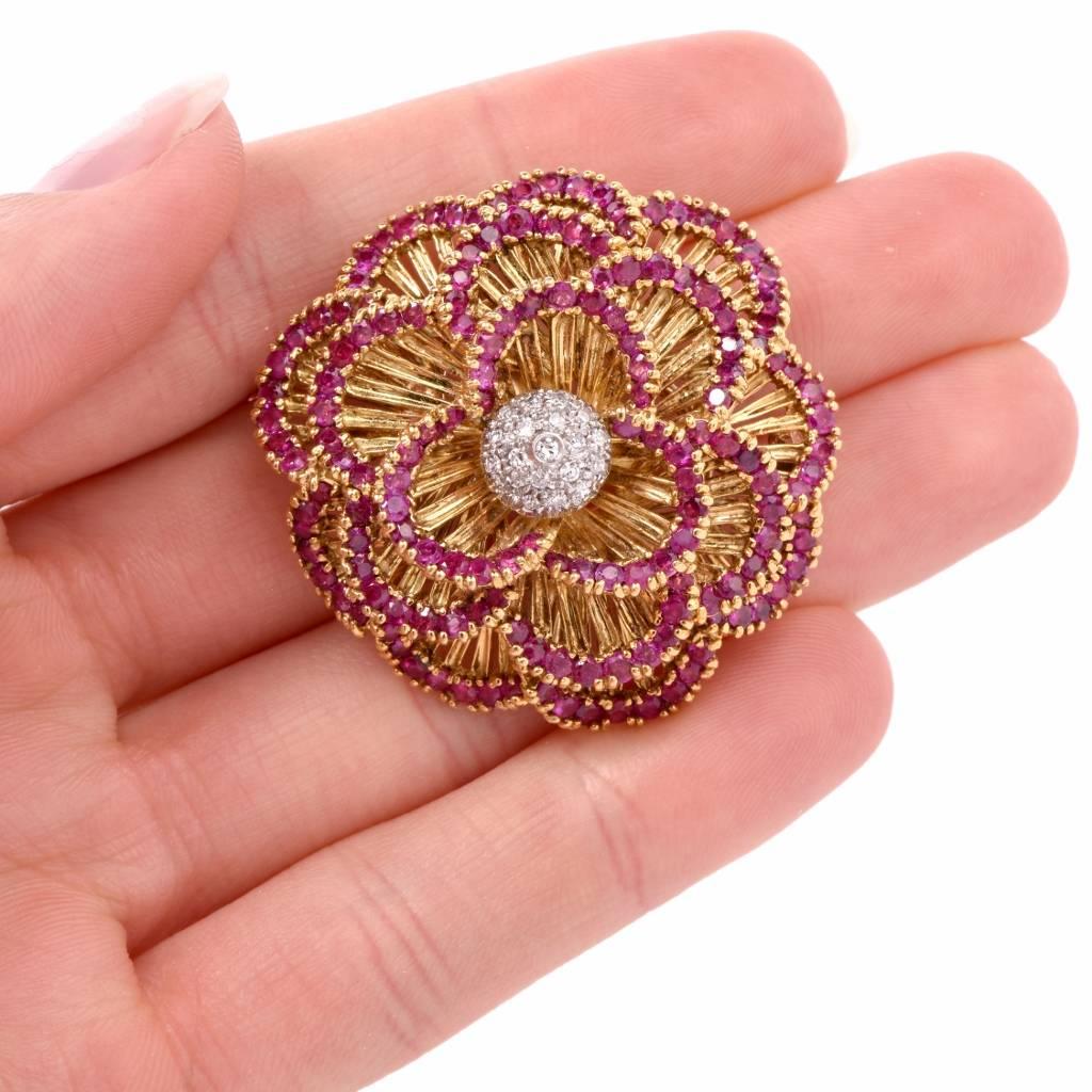 1960s Italian Ruby Diamond Gold Floral Brooch Pin In Excellent Condition In Miami, FL