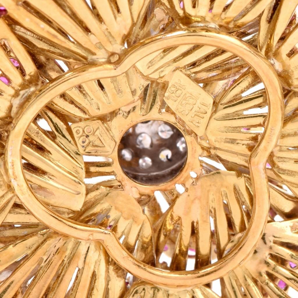 1960s Italian Ruby Diamond Gold Floral Brooch Pin 2