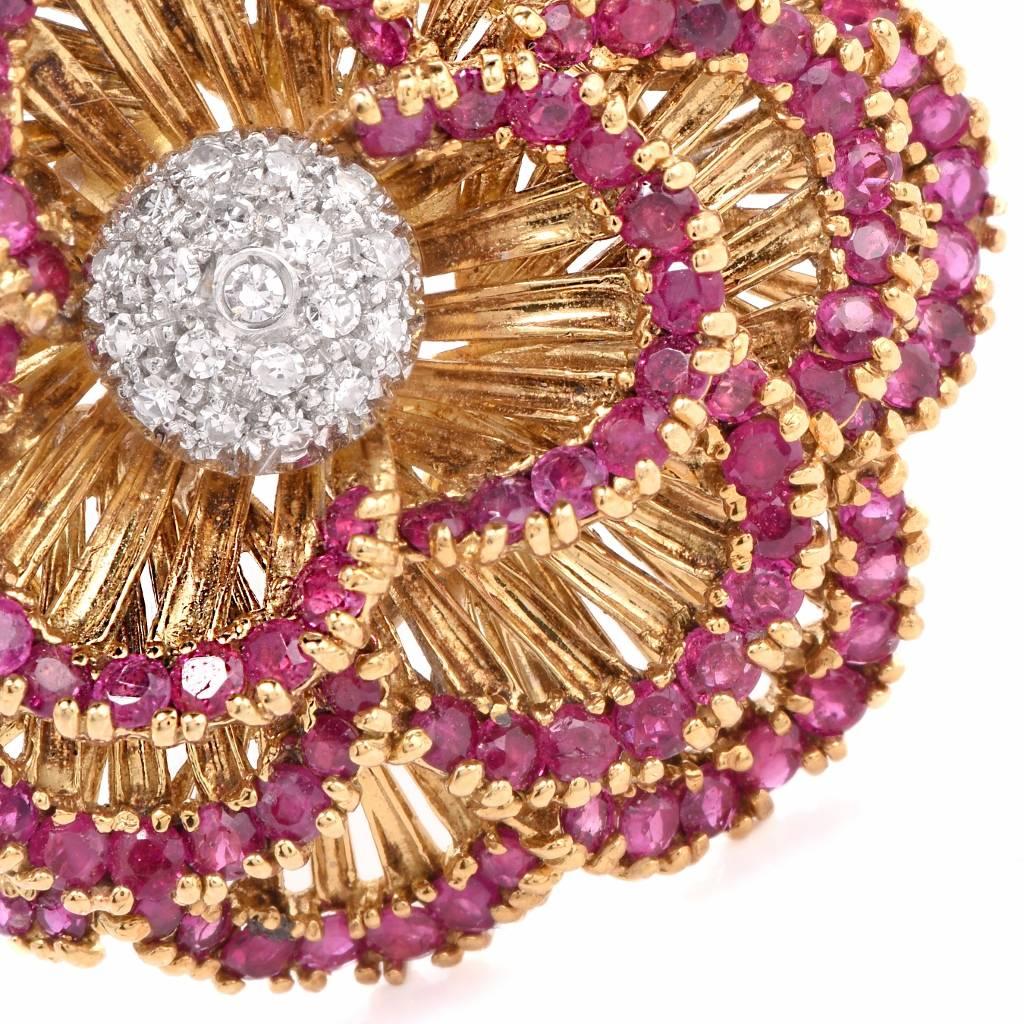 1960s Italian Ruby Diamond Gold Floral Brooch Pin 3