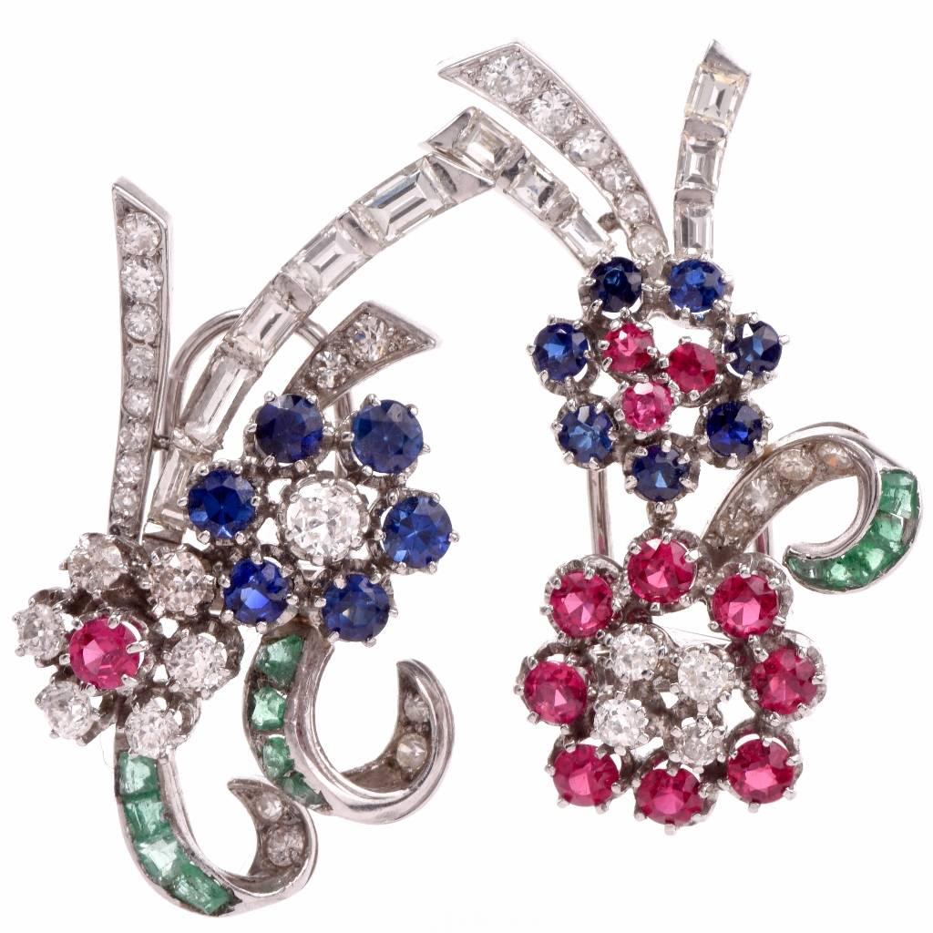 Vintage Multi-Gem White Gold Floral Bouquet Double Clip