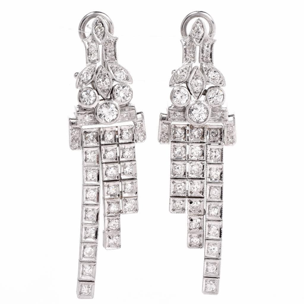 Art Deco Diamond Platinum Cascading Pendant Earrings