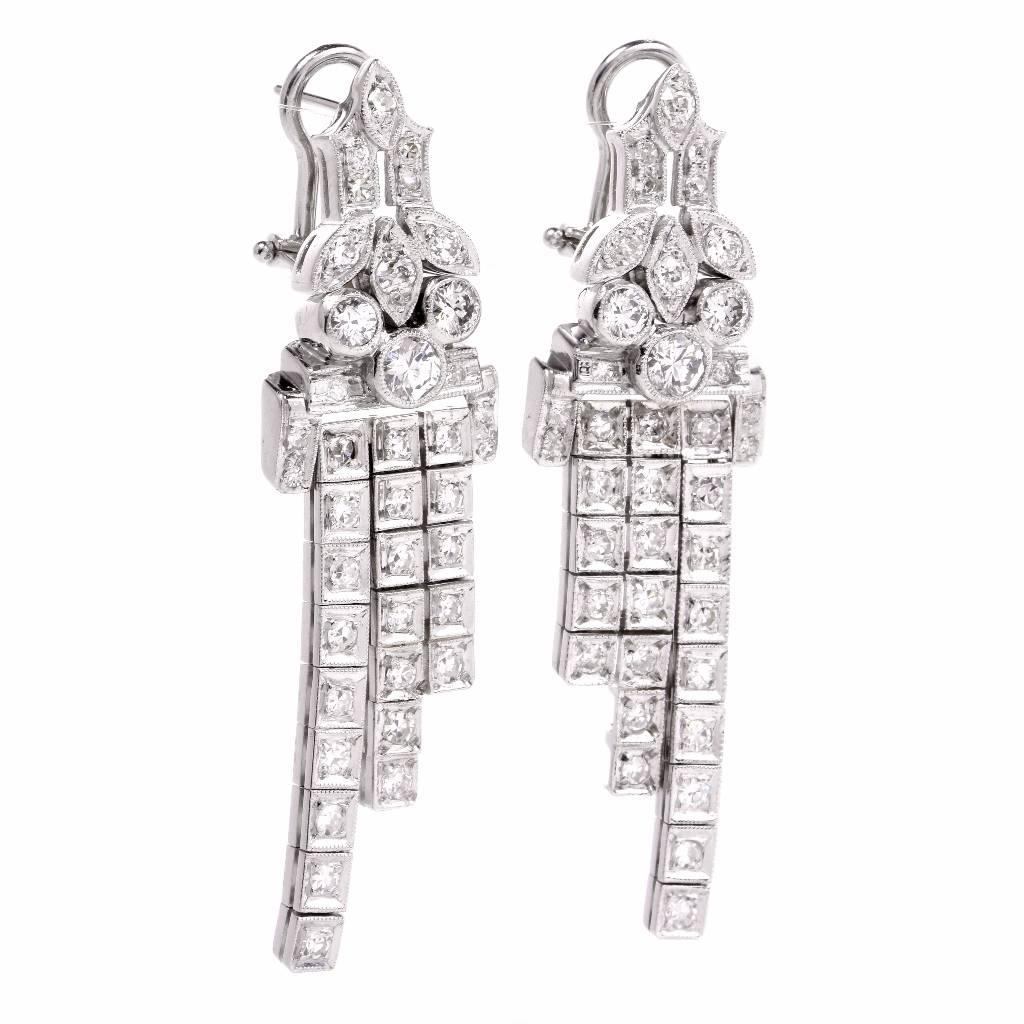 Art Deco Diamond Platinum Cascading Pendant Earrings In Excellent Condition In Miami, FL