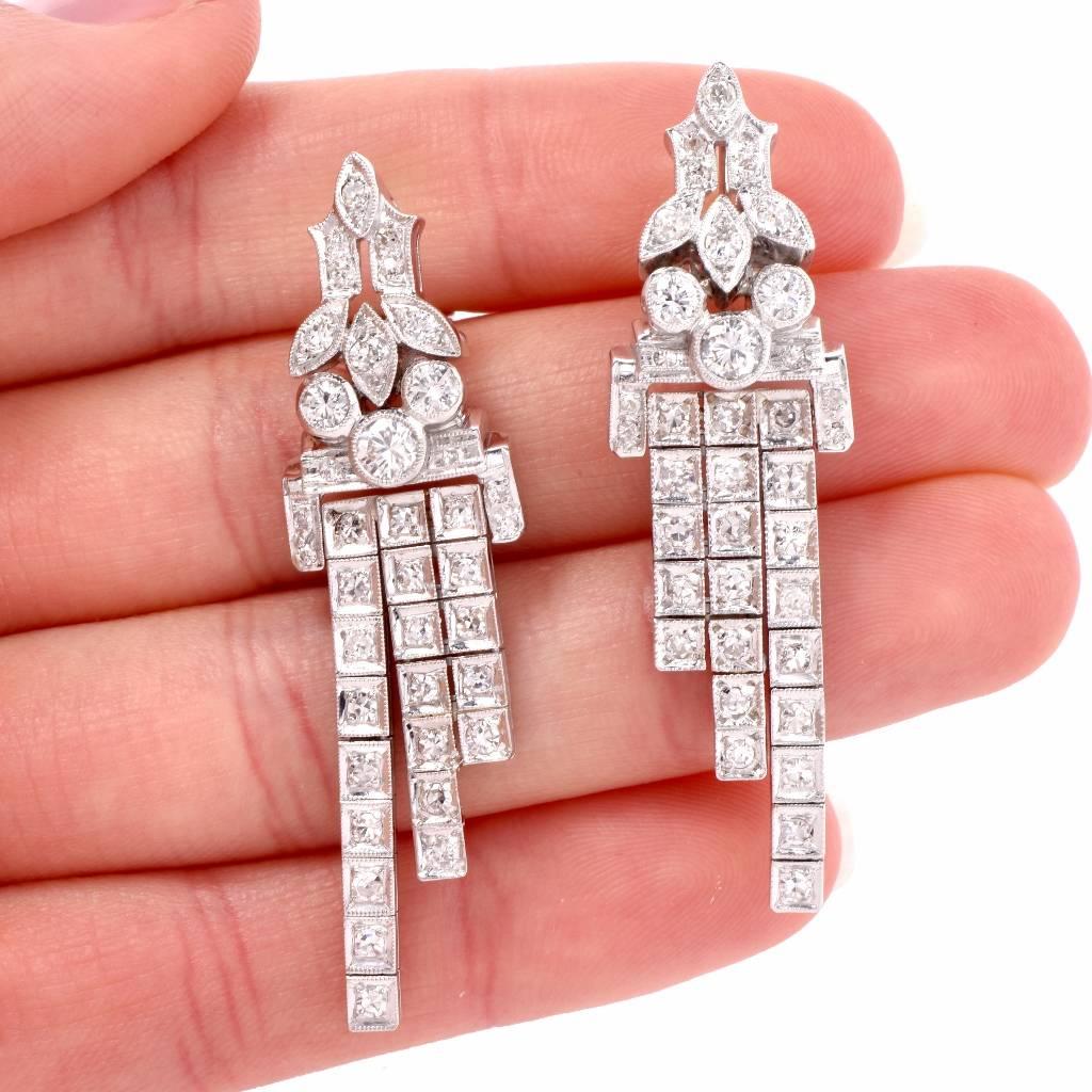 Women's Art Deco Diamond Platinum Cascading Pendant Earrings