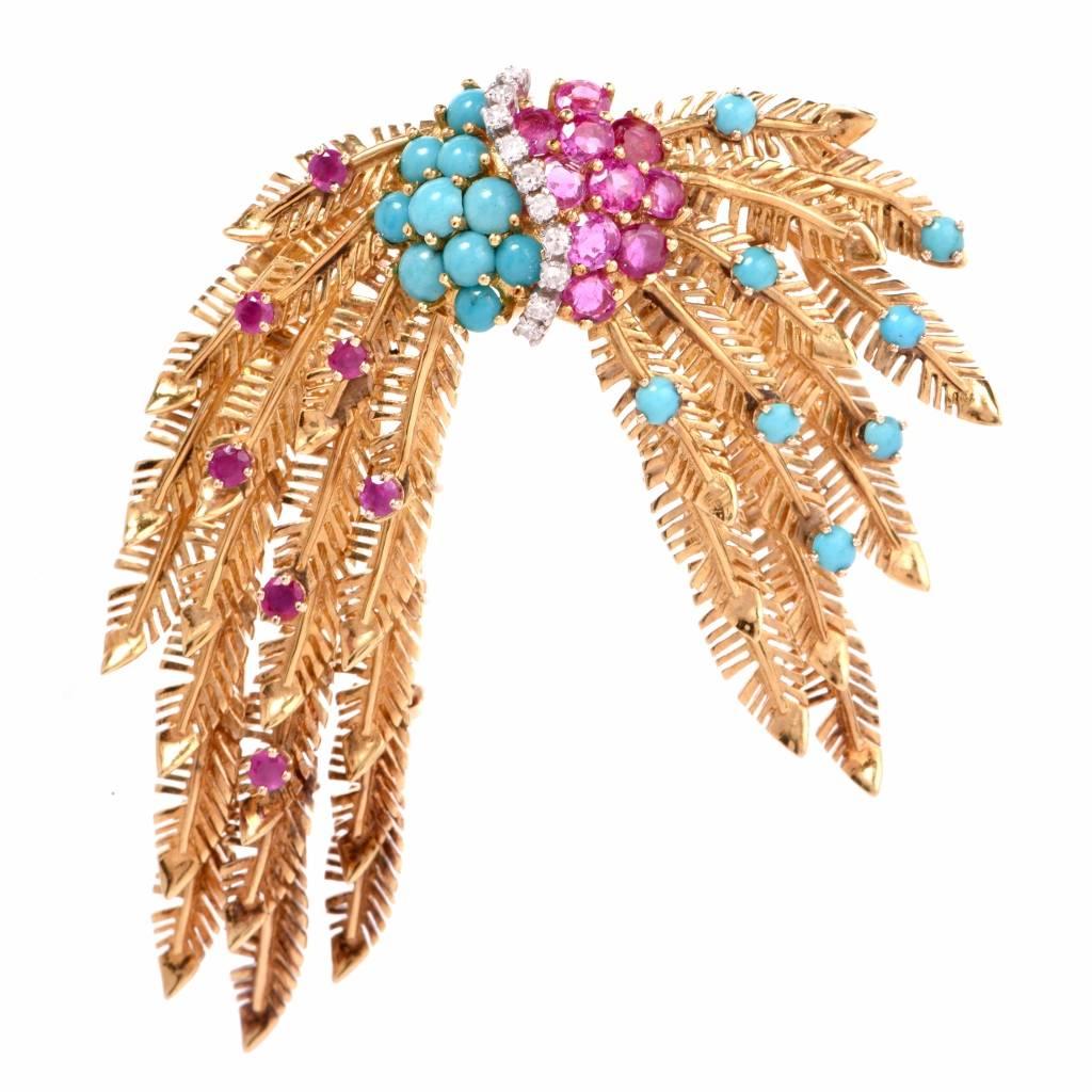 1950s Ruby Turquoise Diamond Gold Feathers Brooch Pin