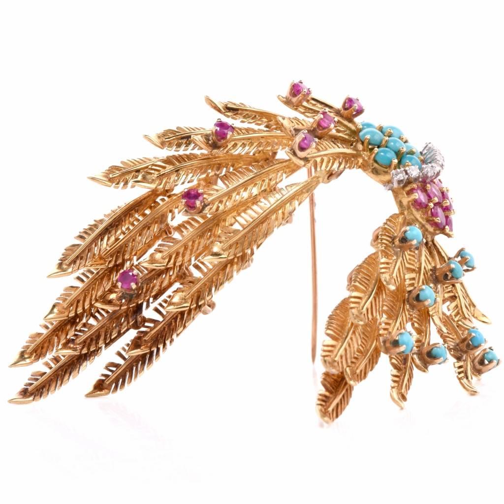 Retro 1950s Ruby Turquoise Diamond Gold Feathers Brooch Pin