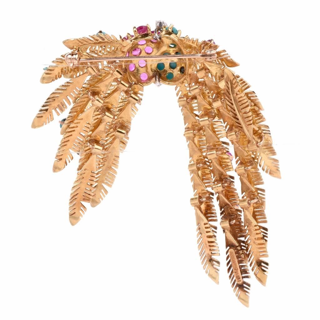 1950s Ruby Turquoise Diamond Gold Feathers Brooch Pin In Excellent Condition In Miami, FL