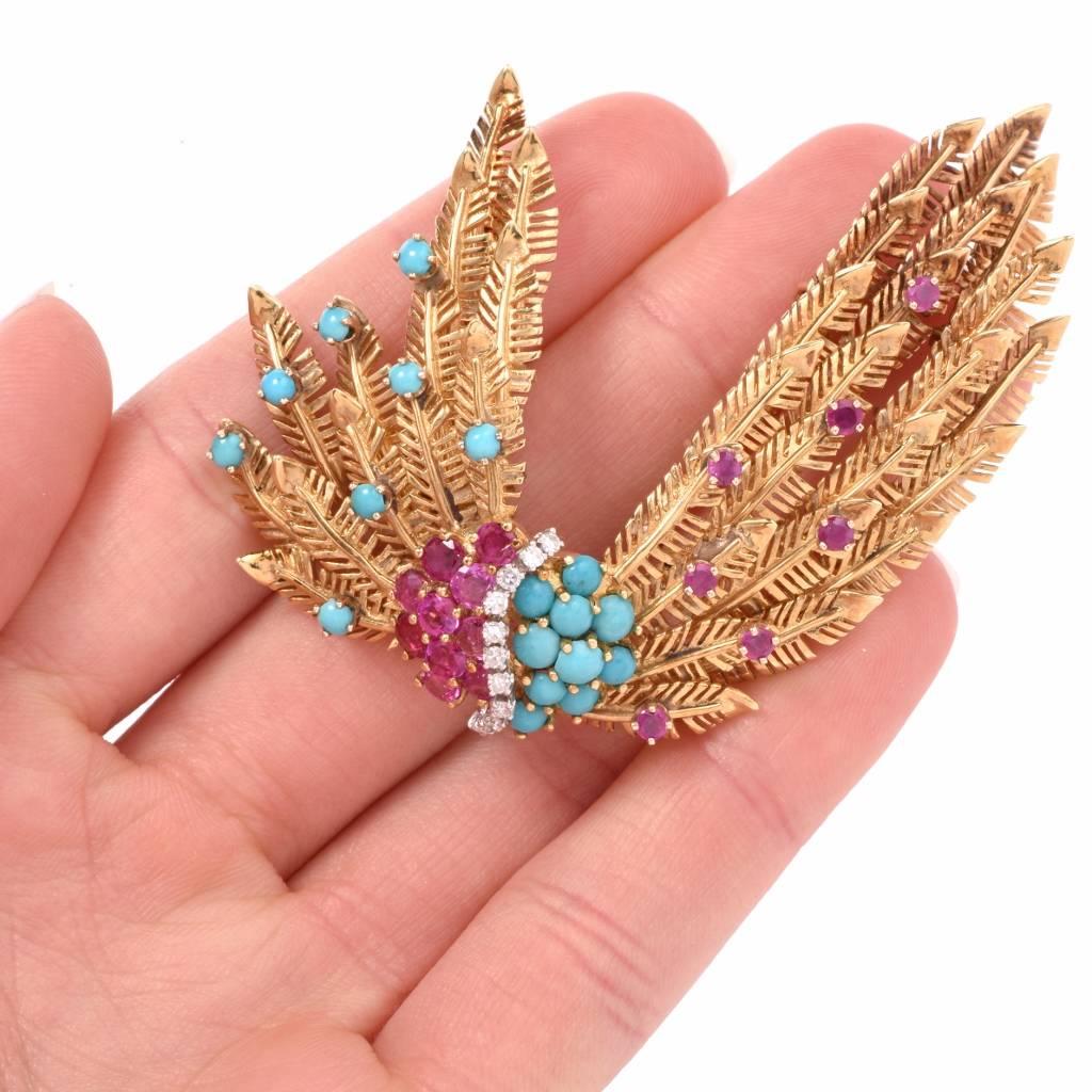 1950s Ruby Turquoise Diamond Gold Feathers Brooch Pin 1