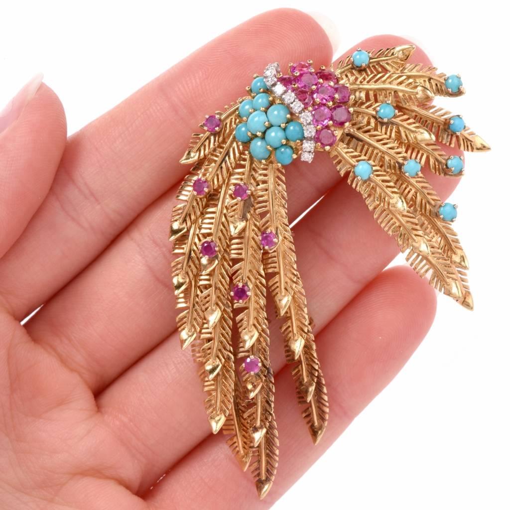 1950s Ruby Turquoise Diamond Gold Feathers Brooch Pin 3