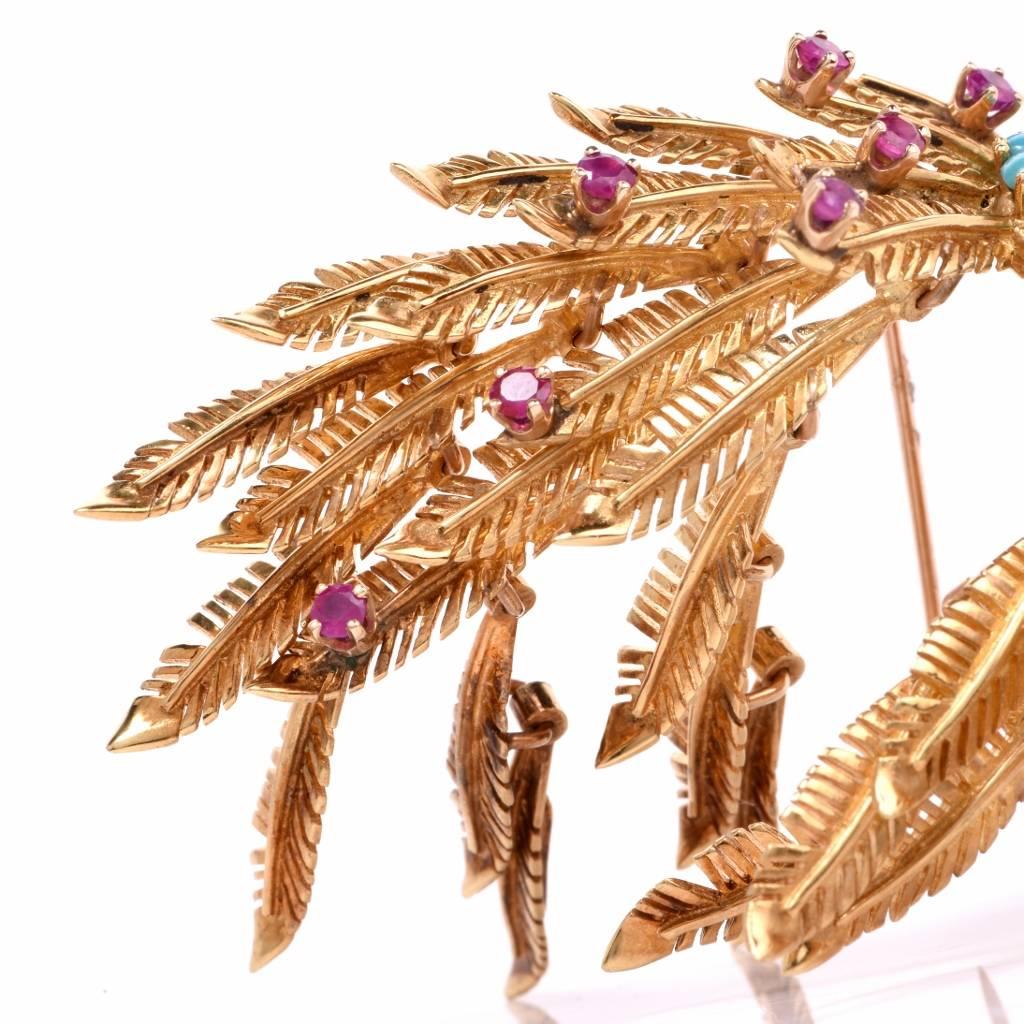 1950s Ruby Turquoise Diamond Gold Feathers Brooch Pin 2