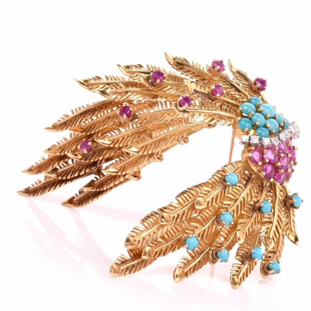 1950s Ruby Turquoise Diamond Gold Feathers Brooch Pin 4