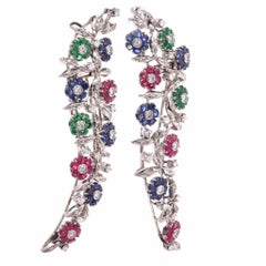 Multi Gem White Gold Floral Double Clip Lapel Brooches