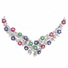 Multi Gem White Gold Floral Double Clip Lapel Brooches