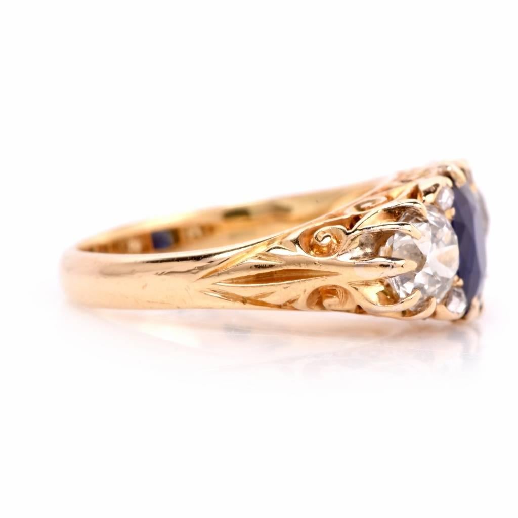 Classic English Sapphire Diamond Three-Stone Gold Engagement Ring 1